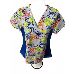 FLEX WOMENS SCRUB TOP SMALL‎ YELLOW AN DBLUE